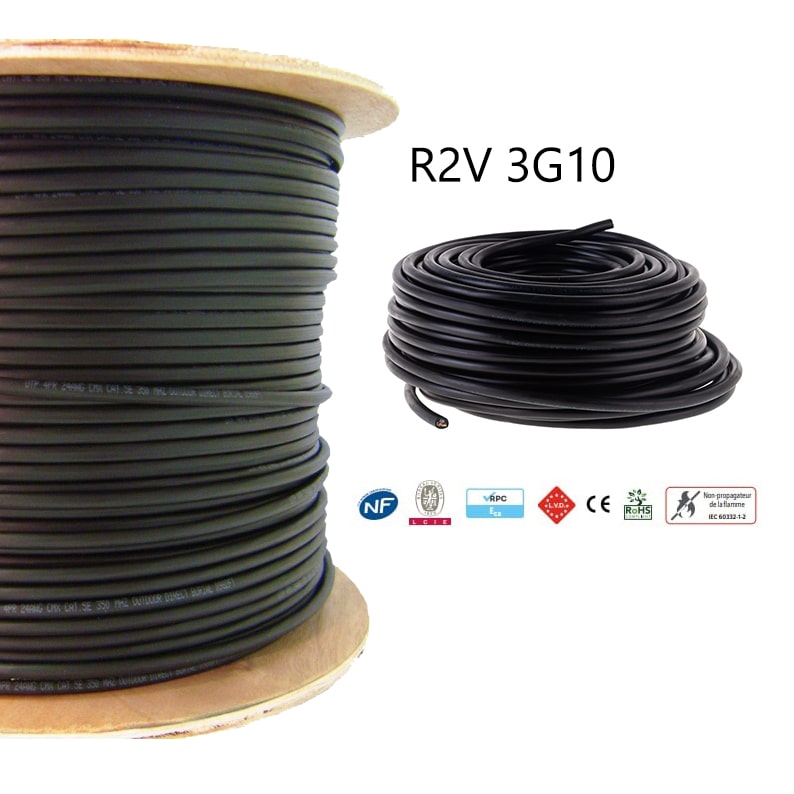 Cable rigide U-1000 R2V 3G10mm2 noir (Prix au m)