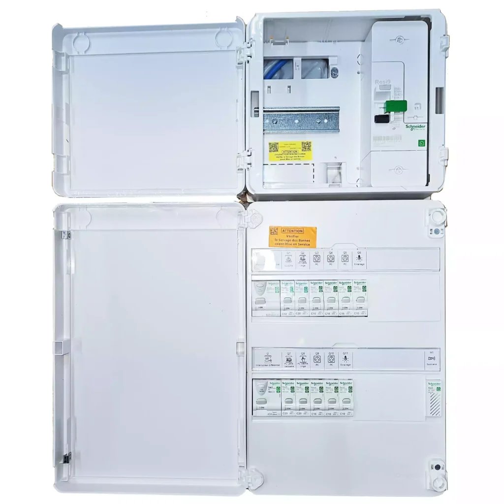 Tableau électrique prééquipé 2 rangées 2ID 63A- 40AC -11 disj + panneau de control + Disj diff sélectif