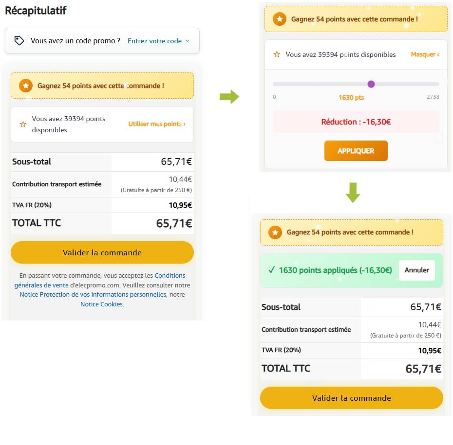 Interface d'utilisation des points fidélité