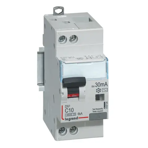 Disjoncteur différentiel DX³4500 U+N 10A Type AC 30mA Courbe C 230V – Arrivée haute / départ bas à vis – 2 modules