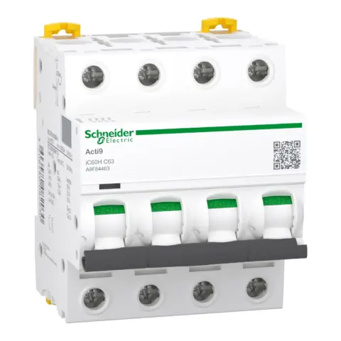 Disjoncteur tétrapolaire 63A Courbe C – Schneider Acti9 iC60H – 10kA / 15kA - A9F84463