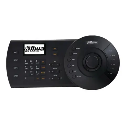 Clavier réseau Joystick 3 axes, résolution vectorielle, avec tête à torsion, retour au centre Connecteur clavier RJ-45, RS232, RS485, RS422 (réservé), USB Interface : 1x RJ45 / 1x RS232/2 RS485 / Protocole DVR : DH-2 / Protocole dôme : DH-SD1/PELCO-D/PELCO-P, etc. Écran LCD : 75,2 x 33,85 mm Dimensions (L x P x H) : 330 x 139.29 x 52.6/102.54 mm Coloris : Noir
