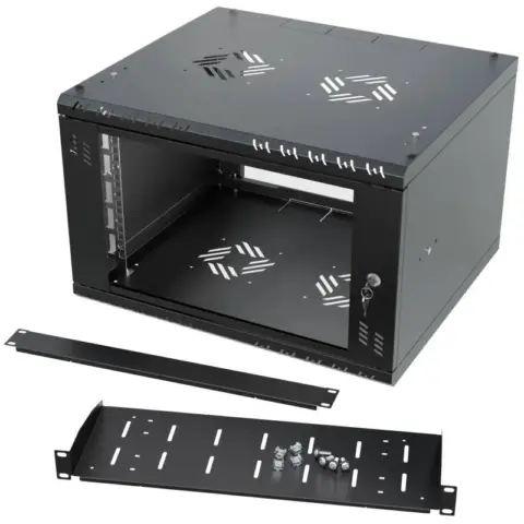Baie de brassage murale 19" 6U 450 mm noire avec porte vitrée et étagère