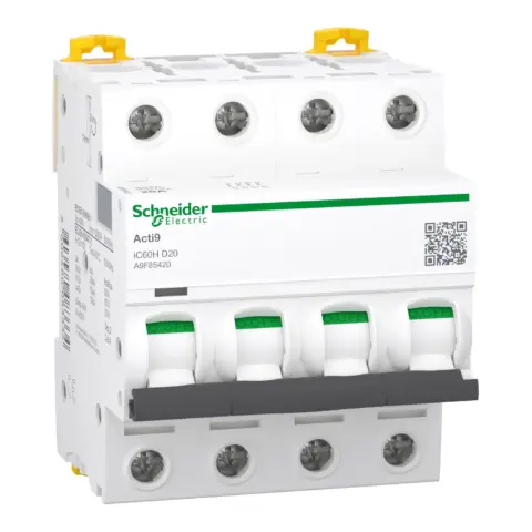 Disjoncteur, Acti9 iC60H, 4P, 20 A, courbe D, 10000 A